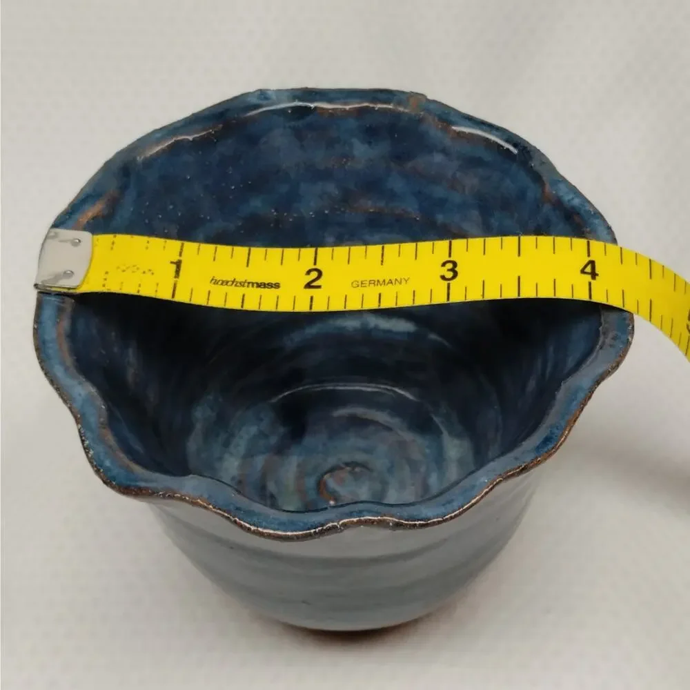 Studio Pottery Planter Blue Glaze Scalloped Edge Footed Hand Thrown Signed 5-In